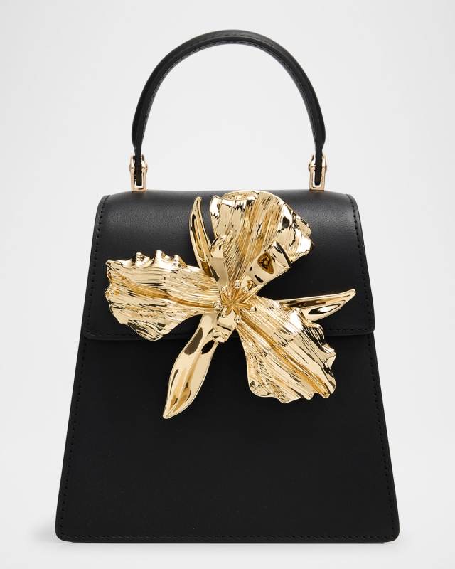 Emilia Flower-Embellished Leather Top-Handle Bag